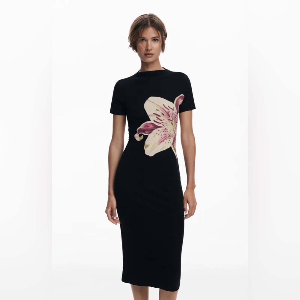 NWT Desigual Black Floral Ribbed Midi Dress sz L